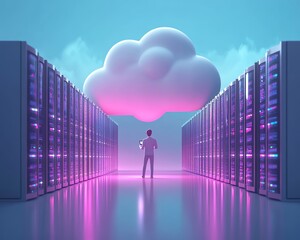 Poster - Flat design 3D illustration of Qadir, male figure, accessing cloud storage and uploading data, cloud computing concept, modern data center infrastructure and service