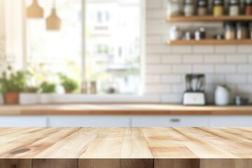 kitchen table background, wood counter top on blur of white clean abstract home interior with bokeh. used for display or montage your wooden for dining background , ai