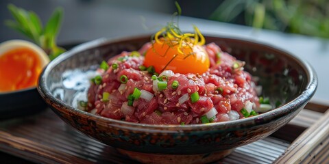 Poster - Raw Beef Tartare with Orange Yolk and Green Onion Served in a Bowl