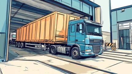 A vibrant illustration of a blue truck loading at a warehouse with an orange container, showcasing transportation and logistics.