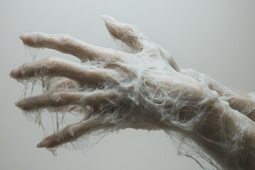 A pair of human hands are completely covered in white, sticky, spider web-like substance.