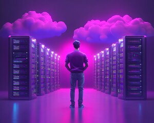 Poster - Male figure Qadir in 3D illustration, using remote servers for big data and cloud computing, analyzing and recognizing errors in large data sets, actionable data concept