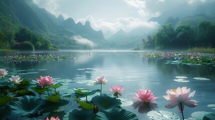 Wall Mural - Serene Mountain Lake with Lotus Flowers