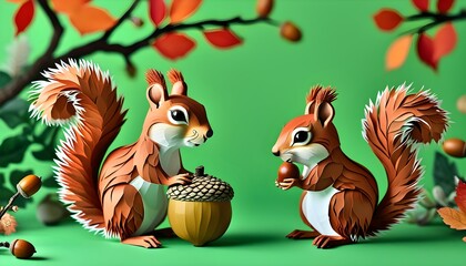 Wall Mural - Curious squirrel with acorn in playful paper cut style set against a vibrant green backdrop