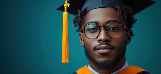 Confident graduate student wearing a cap and gown and glasses, looking directly at the camera.