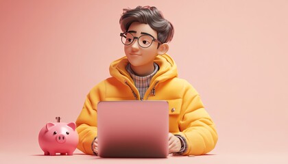 Male figure Qadir with laptop notebook sitting on piggy bank, 3D illustration on white background, isolated setting, 3D people collection, funds and finance theme