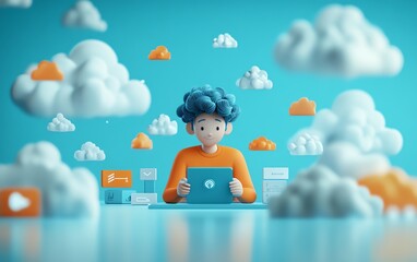 Poster - Male user Qadir in 3D illustration, modern flat design cloud computing, accessing cloud storage and uploading files, data center infrastructure and service