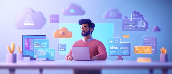 Poster - Male user Qadir in 3D illustration, modern flat design cloud computing, accessing cloud storage and uploading files, data center infrastructure and service