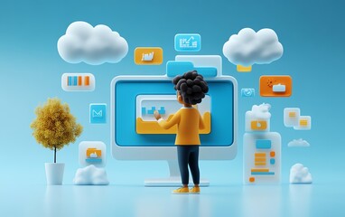 Poster - Male user Qadir in 3D illustration, modern flat design cloud computing, accessing cloud storage and uploading files, data center infrastructure and service