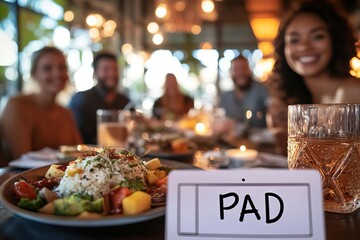 A celebratory meal at a nice restaurant, with a receipt marked  Paid  and a happy group of friends, warm tones, vibrant colors, indoor setting, celebratory atmosphere