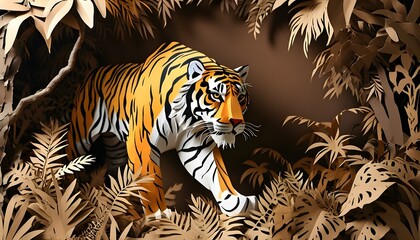 vibrant paper cut of majestic tiger prowling through jungle against rich brown backdrop