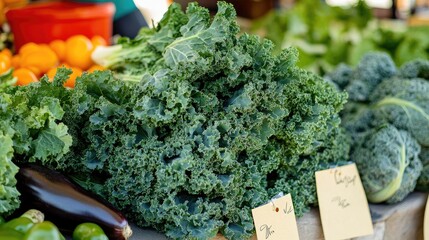 Fresh kale bunches stacked neatly at a local farmer's market, with price tags and other vegetables nearby