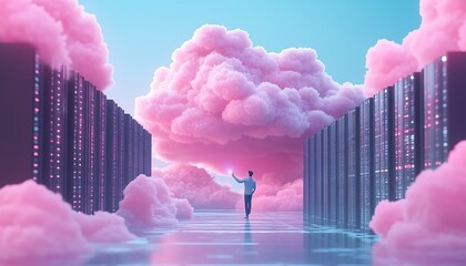 Poster - Modern flat design cloud computing concept, 3D illustration of Qadir, male figure, gaining access to cloud storage and uploading data, data center infrastructure