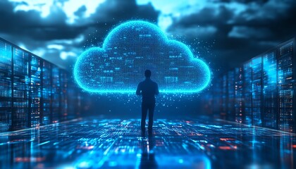 Poster - Modern flat design cloud computing concept, 3D illustration of Qadir, male figure, gaining access to cloud storage and uploading data, data center infrastructure