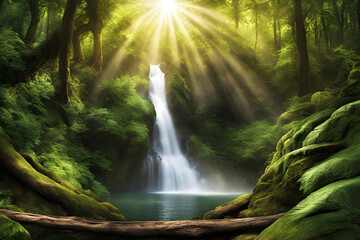 Beautiful 3D Nature and landscape wallpaper of a waterfall in a forest with sun ray