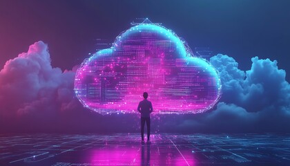 Poster - Modern flat design cloud computing concept, 3D illustration of Qadir, male figure, gaining access to cloud storage and uploading data, data center infrastructure