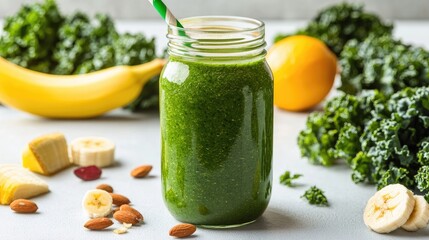 Wall Mural - Smoothie in a glass jar made with kale, banana, and almond milk, surrounded by fresh ingredients on a white kitchen counter