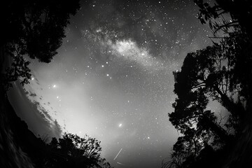 Wall Mural - Night sky - Universe filled with stars, nebula and galaxy, ethereal, smartphone, fisheye, dusk, fine art, black and white, heightened realism, natural lighting