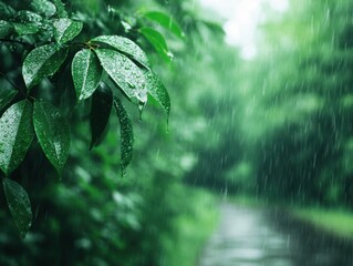 Gentle rain falling on a lush green forest, peaceful weather, nature's tranquility