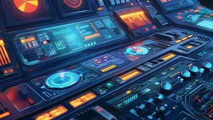 Poster - futuristic control panel with vibrant colors and intricate details, suggesting advanced technology a
