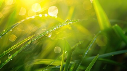 Wall Mural - Dew Drops on Grass Blades in the Morning Sun