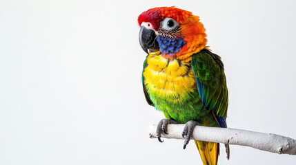 Wall Mural - Curious and Colorful Baby Parrot with Playful Expression Perched on White Branch