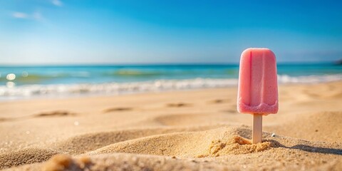 Close up of a light pink popsicle in the sand with a beautiful vacation background