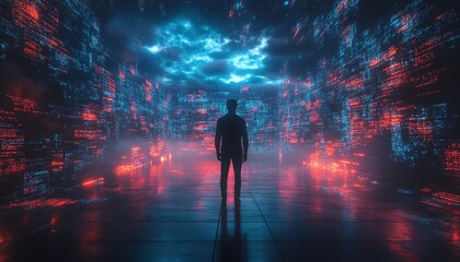 Poster - Qadir, male figure, in 3D illustration of big data and cloud computing, analyzing and correcting mistakes in large data sets using remote servers, actionable data concept