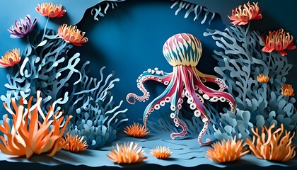 Wall Mural - Vibrant paper cut depiction of a colorful sea anemone with swaying tentacles on a deep blue background