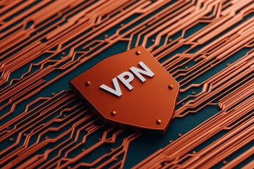 Stylish VPN logo over a modern circuit board background, symbolizing security and privacy in digital communication.