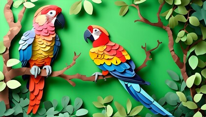 Wall Mural - Whimsical paper cut scene featuring a colorful parrot on a branch against a vibrant green background