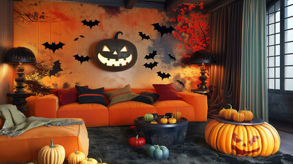 Wall Mural - Beautiful Front view little girl sitting on couch on halloween