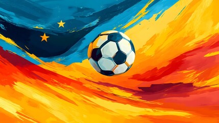 Abstract Art Featuring a Soccer Ball with Yellow, Blue, and Red Swirls