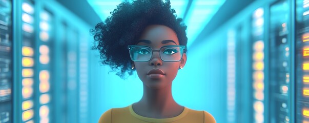 Poster - 3D illustration of Coco, African American woman, with cloud computing server for data storage and processing, blogging, website, and mobile app, modern concept