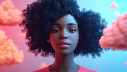 Poster - 3D illustration of Coco, African American woman, with cloud computing server for data storage and processing, blogging, website, and mobile app, modern concept