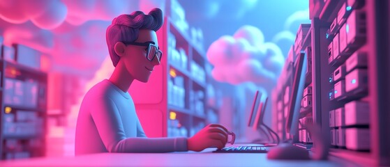 Poster - 3D illustration of male figure Qadir using cloud computing, modern flat design, accessing cloud storage and uploading data, data center infrastructure and services