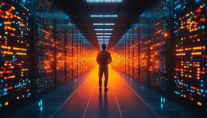 Poster - 3D illustration of male figure Qadir using remote servers for big data and cloud computing, analyzing large data sets and recognizing mistakes, actionable data concept