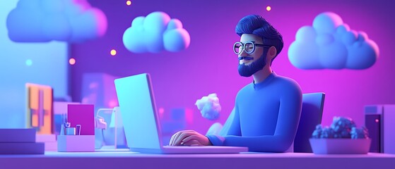 Poster - 3D illustration of male figure Qadir using cloud computing, modern flat design, accessing cloud storage and uploading data, data center infrastructure and services