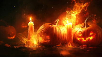 Poster - Spectacular Glowing Halloween pumpkins in a spooky setting, creating a festive and eerie atmosphere