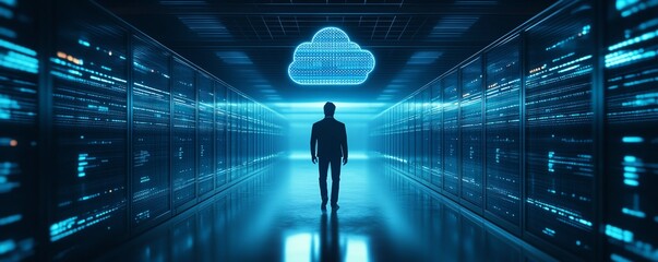 Poster - 3D illustration of male figure Qadir in cloud computing concept, modern flat design, accessing cloud storage and uploading data, data center infrastructure