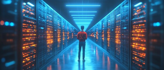 Poster - 3D illustration of Qadir, male figure, utilizing remote servers for big data and cloud computing, recognizing mistakes in large data sets, actionable data concept