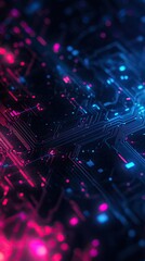Poster - A vibrant digital abstract design featuring a circuit board with glowing pink and blue lights, ideal for technology themes.
