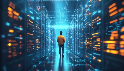 Poster - 3D illustration of Qadir, male figure, engaged in big data and cloud computing, analyzing large data sets on remote servers, recognizing mistakes, actionable data concept
