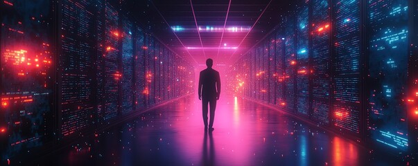 Poster - 3D illustration of Qadir, male figure, involved in big data and cloud computing, analyzing large data sets with remote servers, recognizing mistakes, actionable data concept