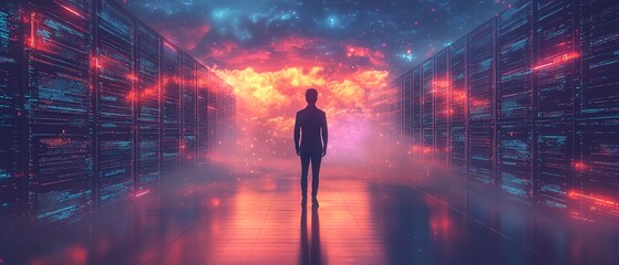 Poster - 3D illustration of Qadir, male figure, utilizing remote servers for big data and cloud computing, recognizing mistakes in large data sets, actionable data concept