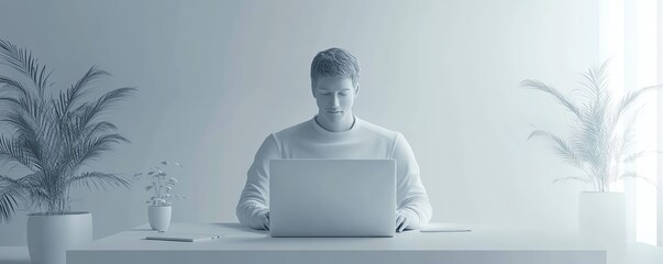Poster - 3D illustration of Qadir, male figure, interacting with laptop, social media theme, 3D rendering on white background, sleek and modern design