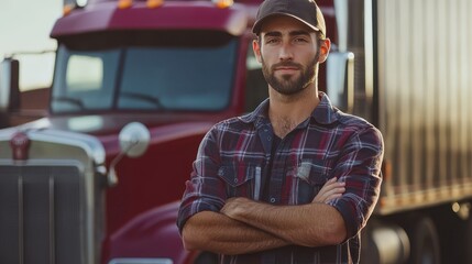 Wall Mural - A man in a plaid shirt stands in front of a red semi truck