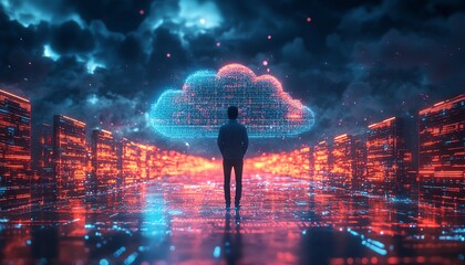 Poster - 3D illustration of Qadir, male figure, engaged in big data and cloud computing, analyzing large data sets on remote servers, recognizing mistakes, actionable data concept