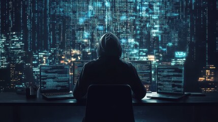 Poster - A man is sitting in front of a computer with a hood over his head