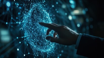 Poster - A hand is pointing at a blue, glowing, interconnected web
